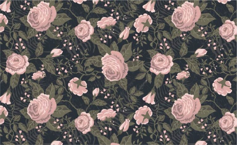 SURFACE PATTERN DESIGN-COTTAGE GARDEN MIDNIGHT RAMBLING ROSE