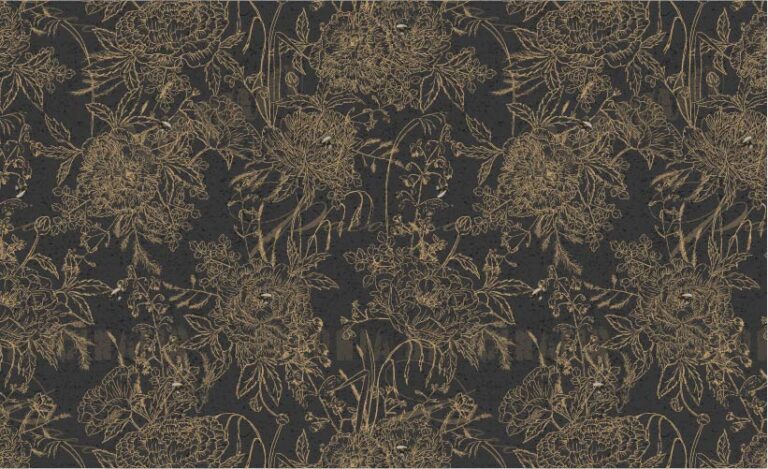 SURFACE PATTERN DESIGN, PATTERN OF HAND DRAWN PEONIES AND OTHER FLOWERS WITH BUMBLEBEES GOLD ON A CHARCOAL BACKGROUND