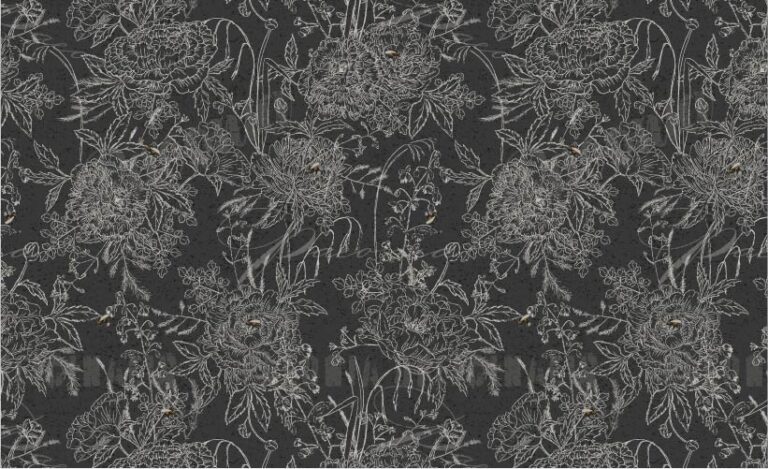 SURFACE PATTERN DESIGN, PATTERN OF HAND DRAWN PEONIES AND OTHER FLOWERS WITH BUMBLEBEES CHALK WHITE ON A CHARCOAL BACKGROUND