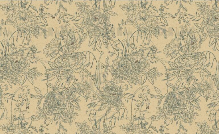 SURFACE PATTERN DESIGN, PATTERN OF HAND DRAWN PEONIES AND OTHER FLOWERS WITH BUMBLEBEES TEAL ON A TAN BACKGROUND