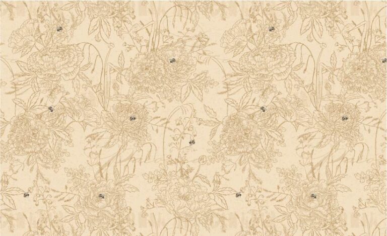 SURFACE PATTERN DESIGN, PATTERN OF HAND DRAWN PEONIES AND OTHER FLOWERS WITH BUMBLEBEES GOLD ON A CREAM BACKGROUND