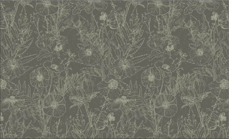SURFACE PATTERN DESIGN OF HAND DRAWN POPPIES AND OTHER PLANTS SAGE GREEN ON A BLACK GREEN BACKGROUND