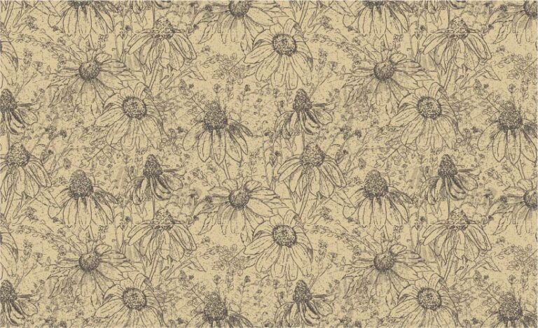 SURFACE PATTERN DESIGN, PATTERN OF HAND DRAWN BLACK EYED SUSANS AND OTHER FLOWERS WITH CHARCOAL ON A CREAM BACKGROUND